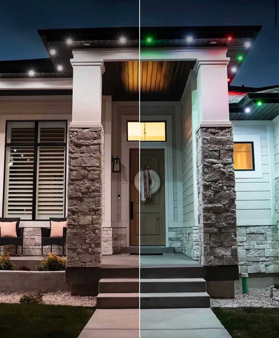 The same porch lit two ways: warm white lights under the eaves on the left, red, green and white holiday colors on the right